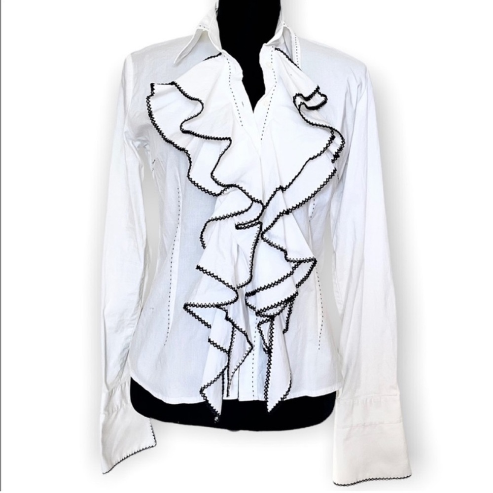 Chic White Ruffle Blouse with Black Trim